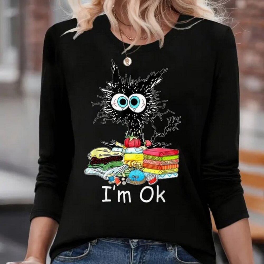 NWT Black T-Shirt Womens L Long Sleeve I'm OK Size Large Tee Shirt Tshirt L/XL